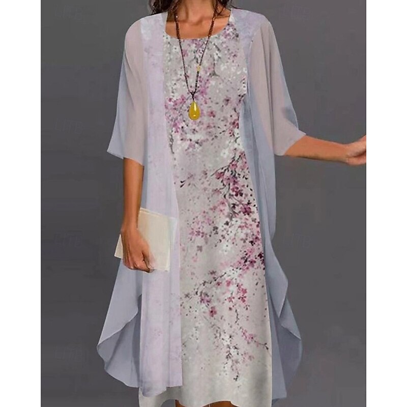 Women's Fashion Streetwear Skirt Sets 3/4 Length Sleeve Crew Neck Printing Print Daily Wear Date Light Green Purple Green Spring Regular Fit2