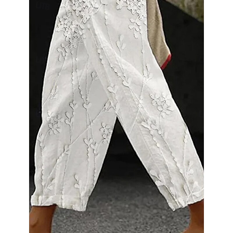 Women's Cotton Linen Pants Baggy Pants Linen Like Fashion Streetwear Full Length High Waist Floral Printing Thermal Warm Breathable Soft Micro-elastic Outdoor Daily Linen Like White Fall Winter2