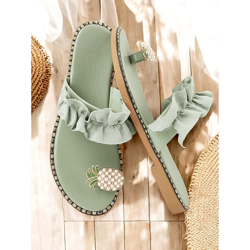 Green Ruffled Slide Sandals for Women – Stylish Pearl Pineapple Detail, Comfortable Flat Sandals for Summer, Beach and Casual Wear