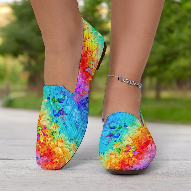 Rainbow Gradient Butterfly Print Knit Flats, Perfect for Casual Outings, Summer Events, and Outdoor Festivals