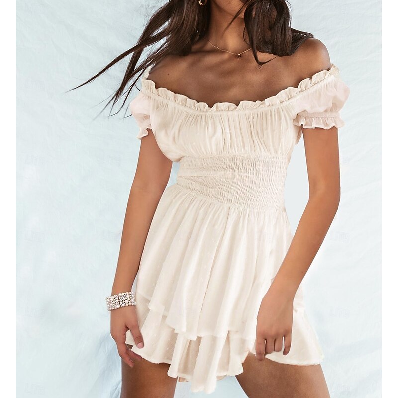 Retro Vintage Medieval Renaissance Mini Dress Flare Dress Off Shoulder Solid Color A-Line Swing Fancy Dress Women's Pirate Fantasy Wedding Vacation Tea Party Adults' Dress