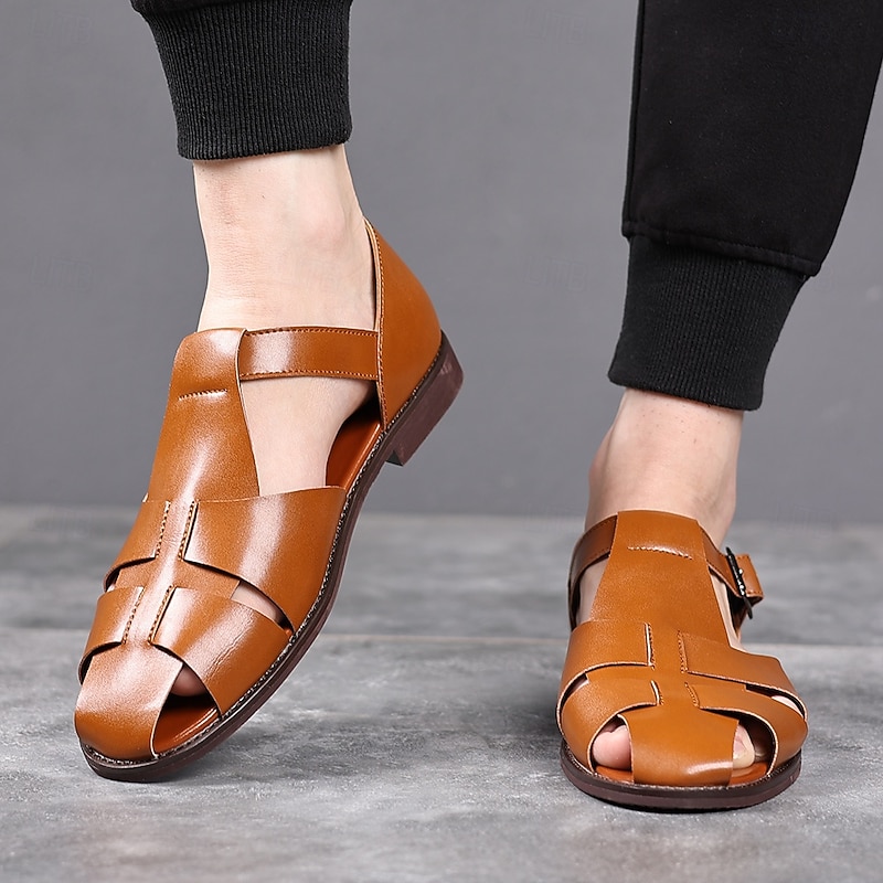 Men's Tan Faux Leather Open-Toe Sandals with Adjustable Buckle Strap, Casual Style for Everyday Wear4