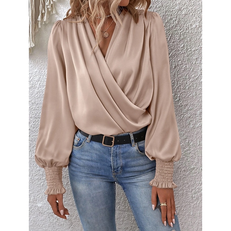 Women's Shirt Elegant Dressy Satin Solid Color Stylish Casual Long Sleeve Asymmetrical Regular Tops Daily Ruched Black White Pink Khaki Summer Spring4