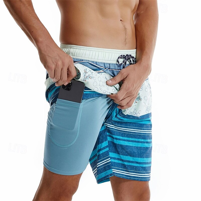 Men's Board Shorts Swim Shorts Swim Trunks Drawstring Elastic Waist With Compression Liner Striped Comfort Quick Dry Short Holiday Beach Weekend Fashion Casual Blue Micro-elastic