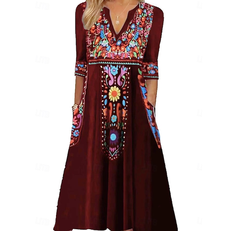Women's Midi Dress Long Sleeve Boho Dress A Line Dress Boho Dress Stylish Casual Vacation Casual Daily Regular Fit Graphic Long Sleeve V Neck Black Wine Navy Blue Summer Spring Fall4