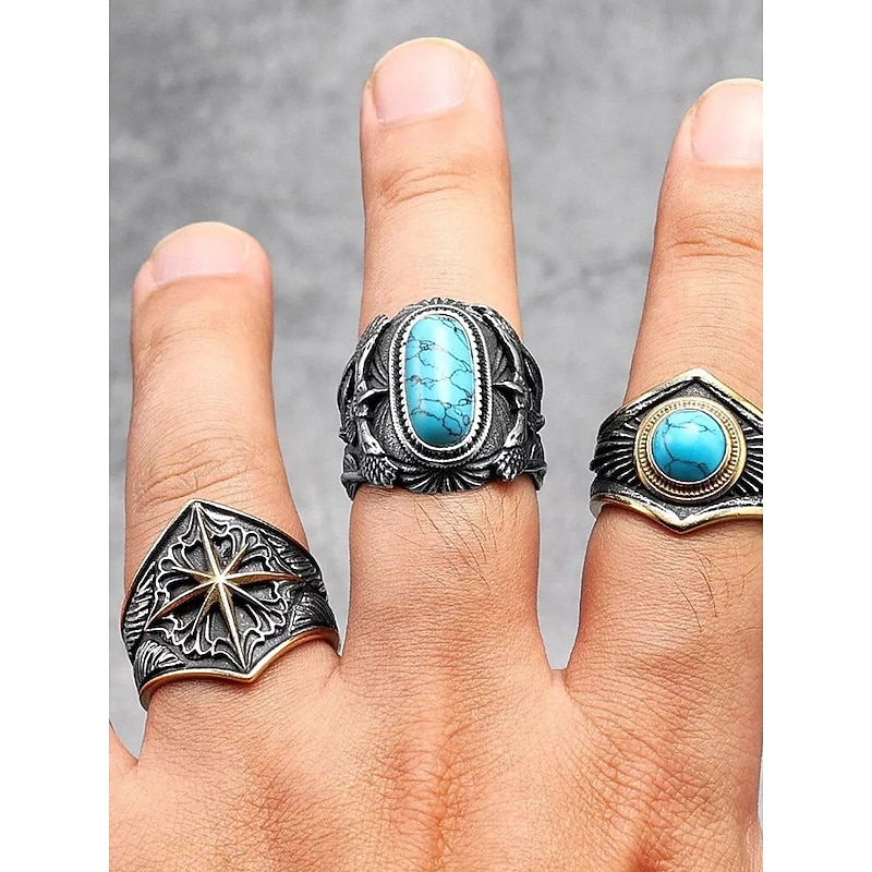 Stainless Steel Turquoise Ring with Eagle Design  Vintage Western Style Ring for Men  Unique Statement Jewelry for Casual & Outdoor Wear3