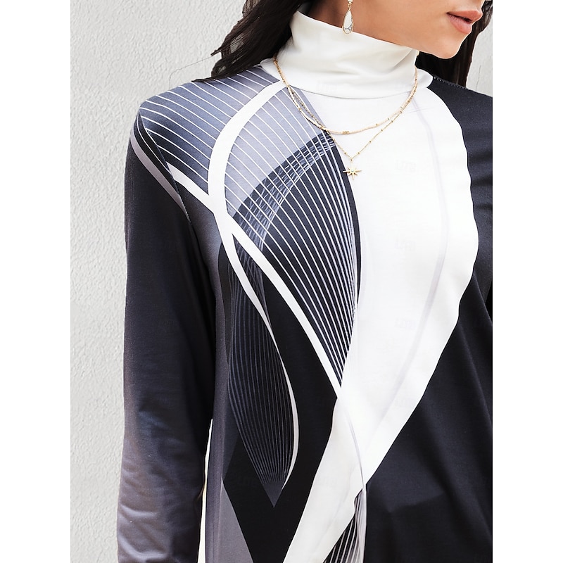 Women's T shirt Long Sleeve Plus Size Shirt Blouse Basic Butterfly Print Long Sleeve Regular Tops Turtleneck High Neck Casual Silver Black White Yellow Gray Spring Fall Prefall3