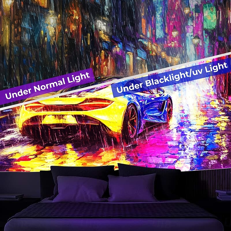 Blacklight Tapestry Glow in the Dark Glow Party UV Reactive City Street Car Trippy Misty Nature Landscape Hanging Tapestry Wall Art Mural for Living Room Bedroom2