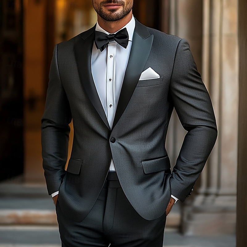 Men's Wedding Prom Party Suits Black Luxury Formal Solid Colored Tailored Fit 2 Piece Single Breasted One-button3