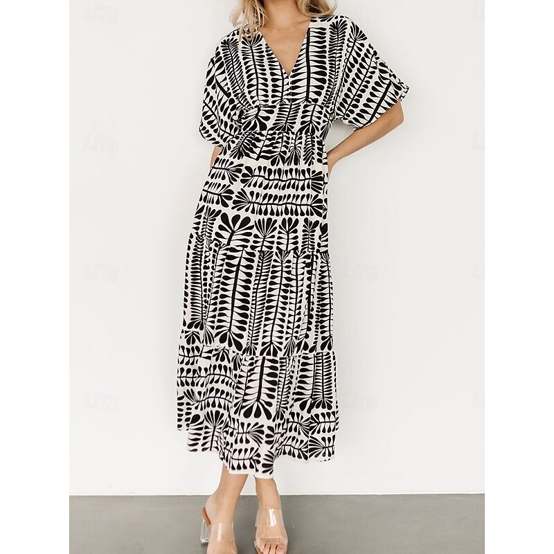 Women's Midi Dress Casual Dress Boho Chic Dresses Boho Dress Bohemia Vintage Stylish Vacation Casual Daily Regular Fit Stripe Short Sleeve V Neck Black Light Green Light Blue Summer Spring2