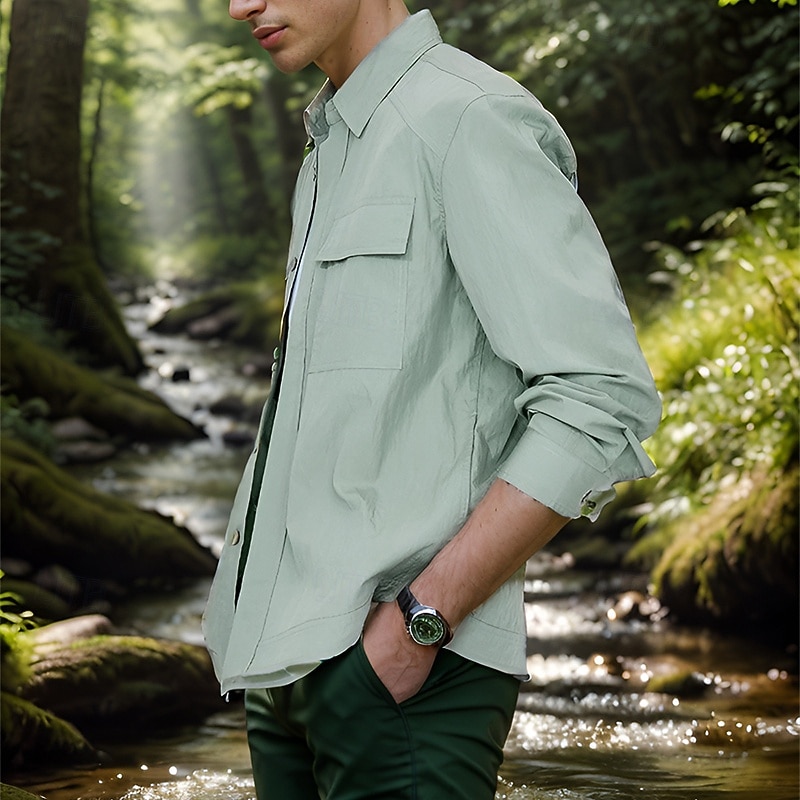 Men's Outdoor Jacket Shirt Jacket Cargo Jacket Hiking Jacket Outdoor Vacation Camping & Hiking Soft Pocket Summer Solid Color Fashion Streetwear Lapel Activewear Thin Regular Polyester Regular Fit4