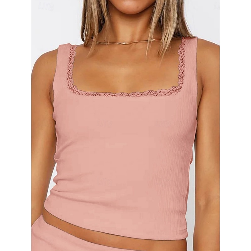 Women's Camisole Tank Top Solid Color Stylish Casual Sleeveless Square Neck Regular Tops Daily Lace Backless Patchwork Black White Pink Red Green Summer Spring4