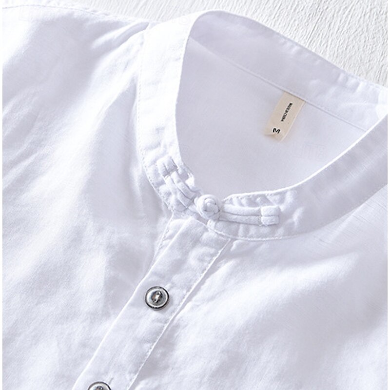 Men's Shirt Linen Shirt Popover Shirt Casual Shirt Cotton Shirt Plain Vacation Street White Navy Blue Sky Blue Green Short Sleeve Band Collar Summer Clothing Apparel Buttons2