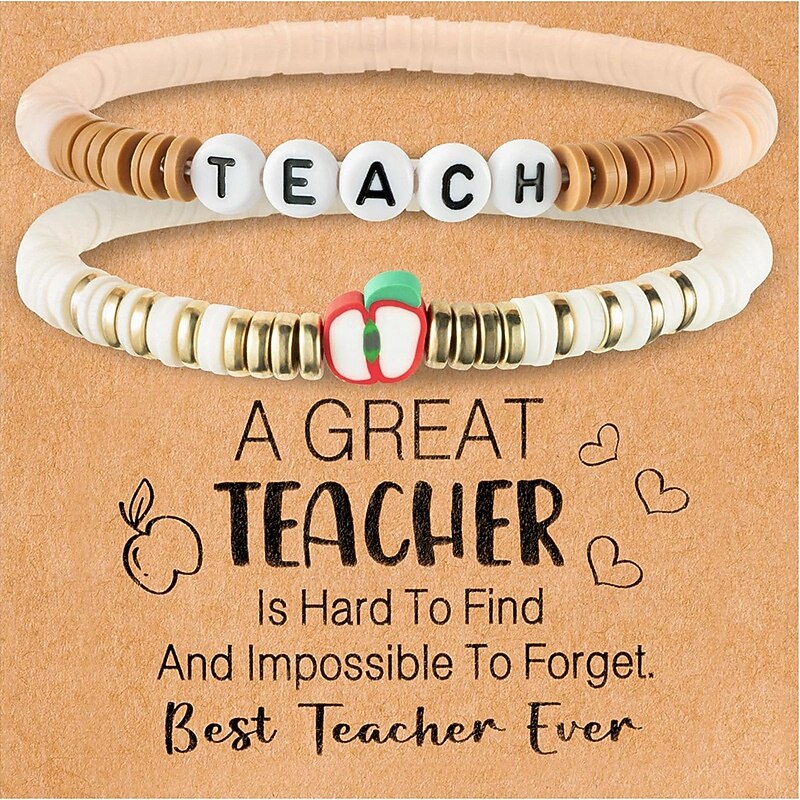Teacher Appreciation Gift for Women, 2pcs Beaded Teacher Bracelets with Card & Gift Box Thank You Teacher Gifts from Student, for Christmas Valentines End of The Year2