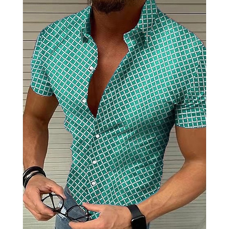 Men's Shirt Summer Shirt Casual Shirt Beach Shirt Button Up Shirt Black White Red Blue Green Short Sleeve Geometric Argyle Lapel Vacation Hawaiian Buttons Clothing Apparel Polyester Fashion Casual2