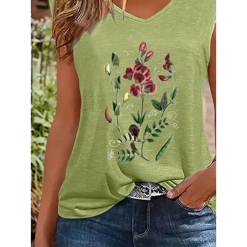 Women's Camisole Tank Top Floral Stylish Casual Short Sleeve V Neck Regular Tops Daily Print White Light Green Summer3