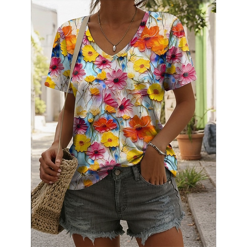 Women's T Shirt Floral 3D Stylish Casual Short Sleeve V Neck Regular Tops Daily Print Red Blue Purple Orange Green Summer