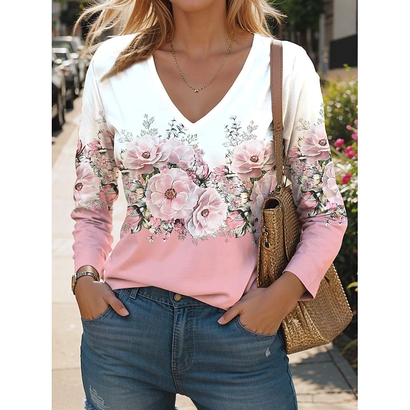 Women's T Shirt V Neck Long Sleeve Tunic Floral Fashion Modern Casual Regular Tops Daily Weekend Print Black White Pink Blue Green Fall Winter4