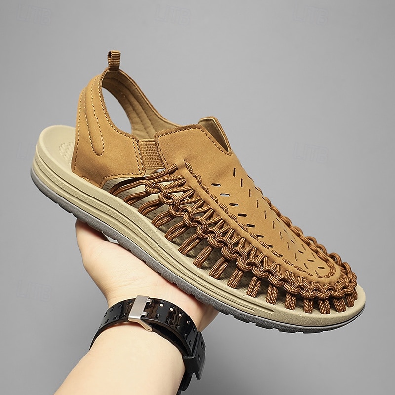 Men's Tan Slip-On Outdoor Sandals with Braided Detailing, Casual Style for Summer and Beach Activities4