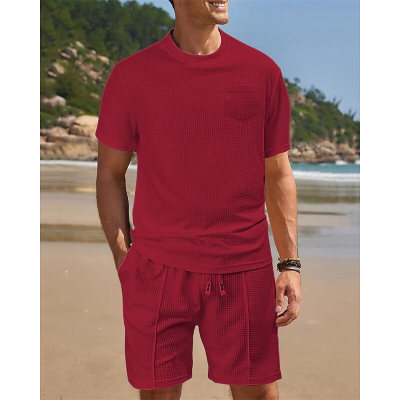 Men's Waffle Shirt T-shirt Suits 2 Pieces Outfits Tee & Shorts Short Sleeve Crew Neck Summer Plain Fashion Casual Pocket 2 Piece Vacation Daily Wear Going out Black White Wine Top Tee for Men3