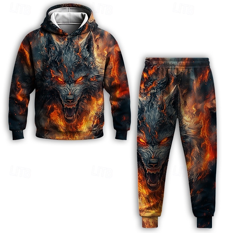 Boys 3D Graphic Wolf Hoodie & Sweatpants Set Sports Suit Tracksuits Long Sleeve Spring Fall Daily Basic Casual Kids 4-12 Years Hooded Outdoor Vacation Sports Tailored Fit