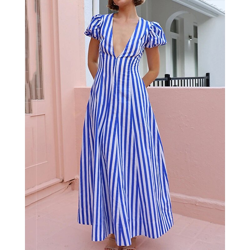 Women's Long Dress Maxi Dress Casual Dress Summer Dress Fashion Lantern Sleeve Outdoor Holiday Date Regular Fit Striped Short Sleeve Deep V Blue Summer Spring4