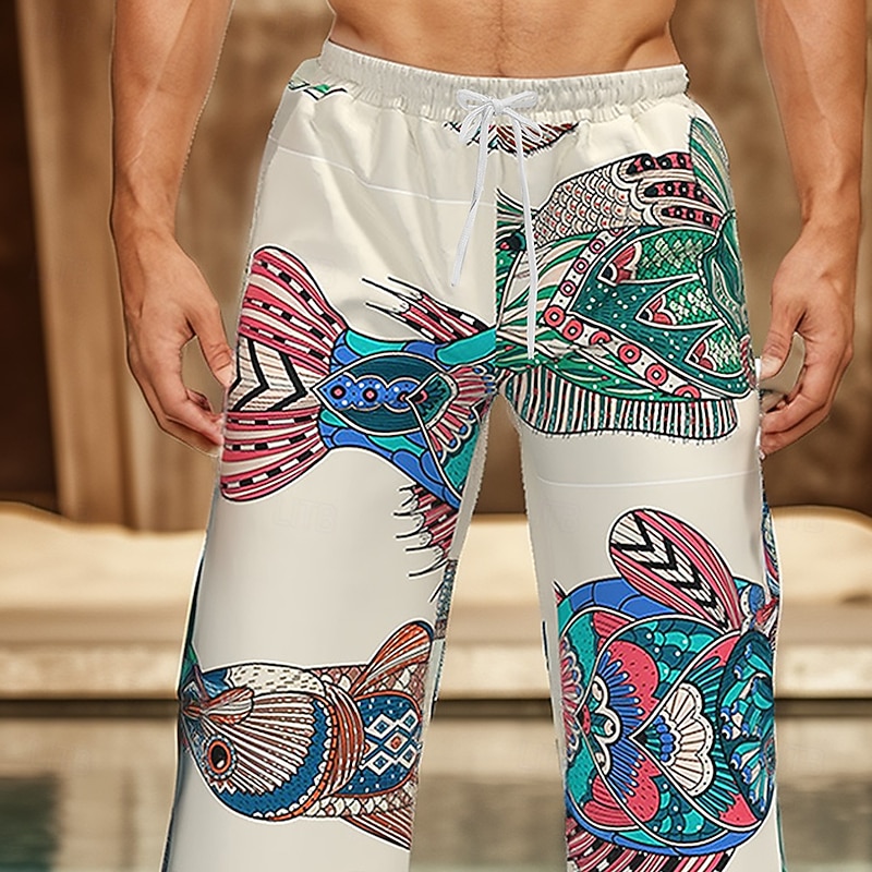 Men's Fish Ethnic Trousers Baggy Pants Casual Pants Mid Waist Vintage Retro Outdoor Holiday Drawstring Elastic Waist Wide Leg Summer Spring 3D Print White2
