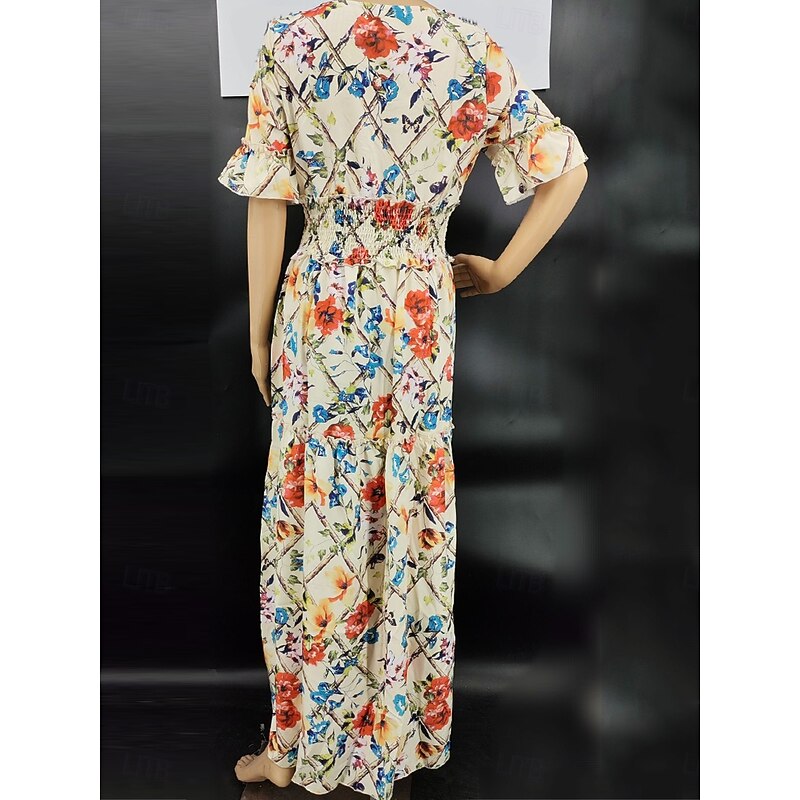 Women's Maxi Dress Corset Dress A Line Dress Milkmaid Dress Puff Sleeve Dress Vacation Vacation Daily Regular Fit Floral Short Sleeve Square Neck Yellow Apricot Summer4