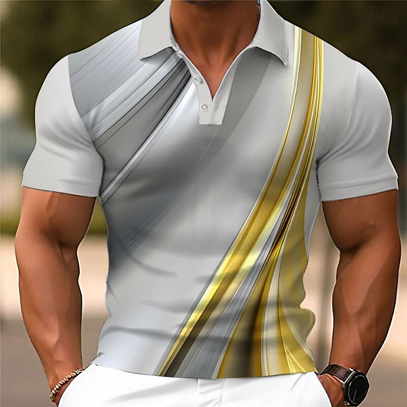 Men's Geometic Line Polo Short Sleeve Polo Shirts Collared Shirts Casual School Outdoor Daily Wear Home Wear 3D Print Summer Yellow Blue Gray