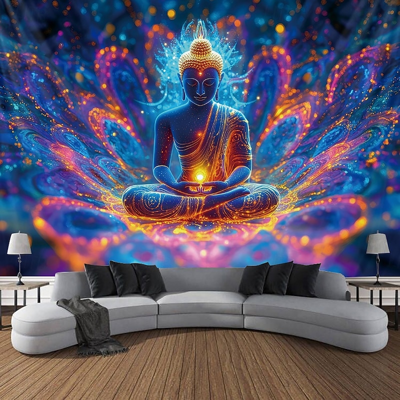 Blacklight Tapestry Glow in the Dark Glow Party UV Reactive Trippy Misty Buddha Nature Landscape Hanging Tapestry Wall Art Mural for Living Room Bedroom4