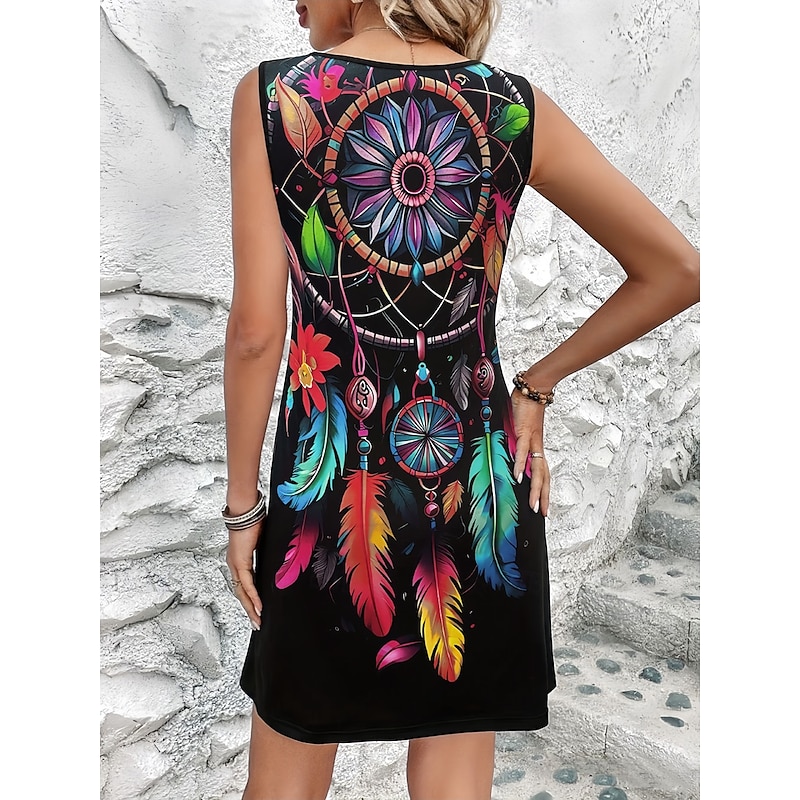 Women's Mini Dress Casual Dress Tank Dress Boho Dress Bohemia Vacation Vintage Vacation Daily Regular Fit Feather Sleeveless Crew Neck Black Purple Summer2