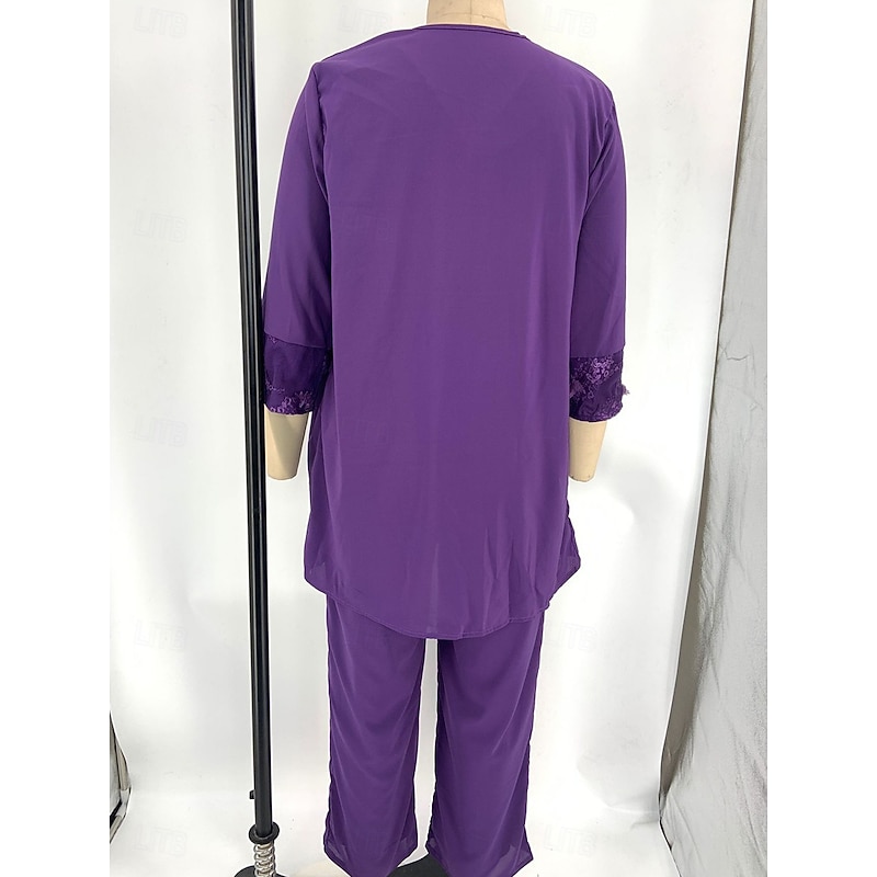 Pantsuit Mother of the Bride  Elegant Casual Jewel Neck Floor Length Polyester Long Sleeve with Lace3