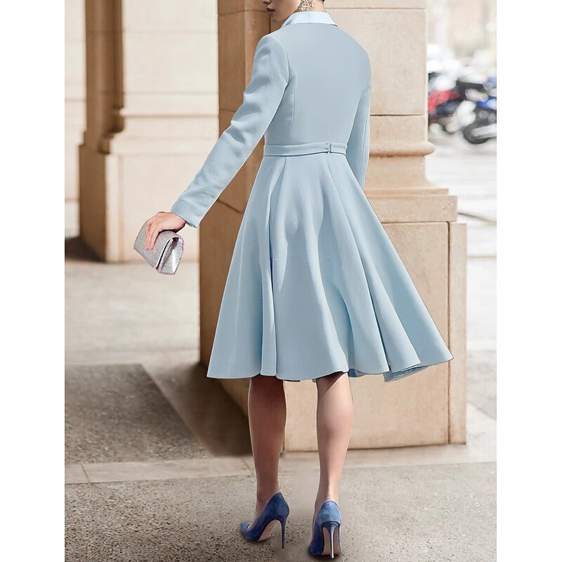 A-Line Tuxedo Dress Mother of the Bride Dress Elegant Vintage Simple Notched Lapel Tea Length Crepe Stretch Satin Stretch Fabric Long Sleeve with Solid Color2