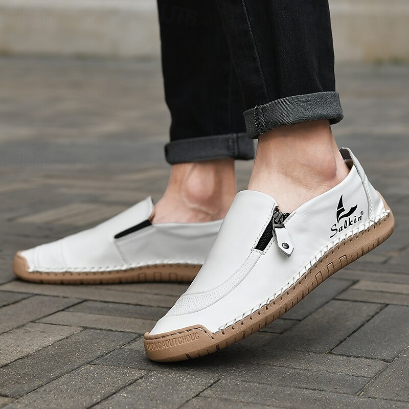 Men's White Slip-On Faux Leather Sneakers with Zipper and Durable Rubber Soles – Casual Everyday Shoes for Comfortable Wear4