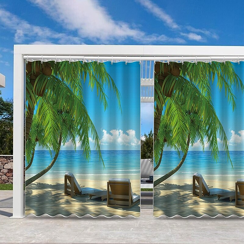 Waterproof Outdoor Curtain Privacy, Sliding Patio Curtain Drapes, Pergola Curtains Grommet 3D Landscape Beach For Gazebo, Balcony, Porch, Party, 1 Panel3