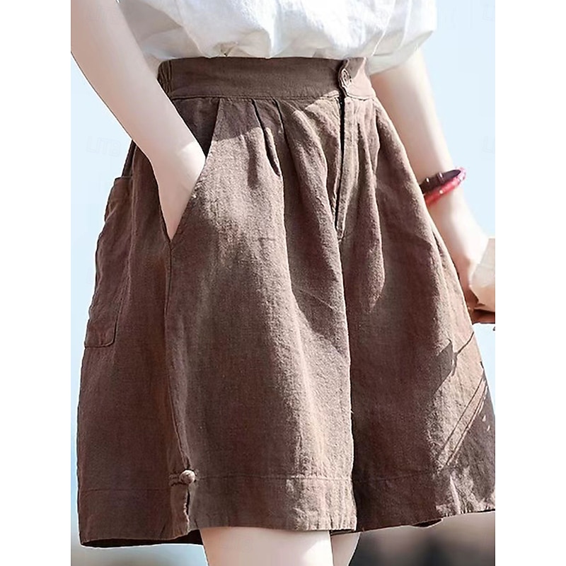 Women's Linen-Inspired Shorts Cotton Linen Pants Culottes Wide Leg Fashion Streetwear Basic Knee Length Medium Waist Plain Pocket Drawstring Comfort Outdoor Micro-elastic Vacation Street Daily rice