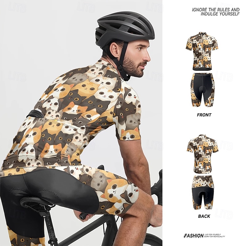Men's Cycling Jersey with Shorts Cat Short Sleeve Bike Clothing Suit with 3 Rear Pockets Mountain Bike MTB Road Bike Cycling Front Zipper Sweat wicking Comfortable Breathable Sports Black Yellow Dark3