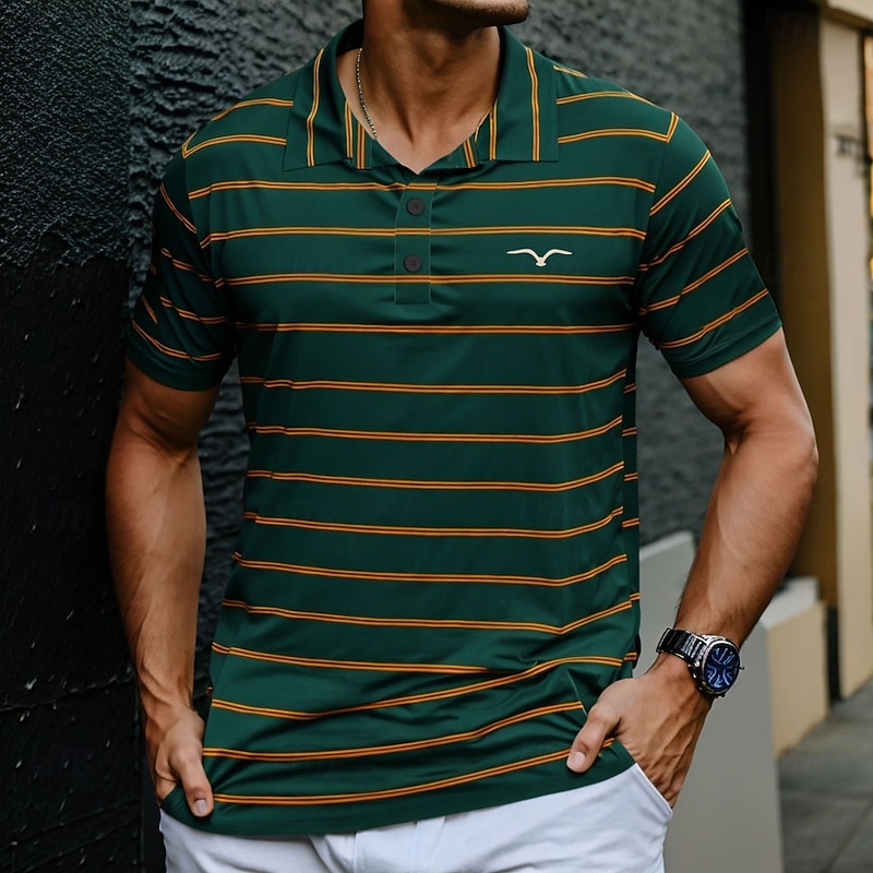 Men's Bird Striped Rugby Polo Short Sleeve Polo Shirts Collared Shirts Casual School Outdoor Sports Daily Wear 3D Print Summer Dark Green