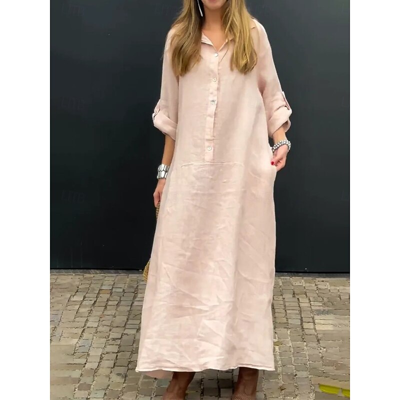 Women's Maxi Dress Shirt Dress Casual Dress Basic Casual Vacation Daily Regular Fit Plain Long Sleeve Shirt Collar Pink Green Gray Summer3