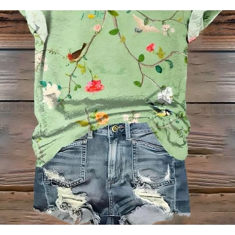 Women's T Shirt Floral Graphic Vintage Fashion Stylish Short Sleeve Round Neck Regular Tops Daily Going out Weekend Print Grass Green Summer3