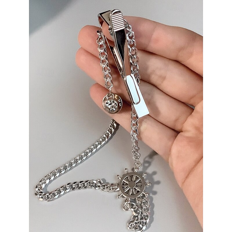 Men's Silver Tie Chain with Nautical Ship Wheel Design – Elegant and Stylish Tie Bar Accessory for Weddings, Business and Formal Events3