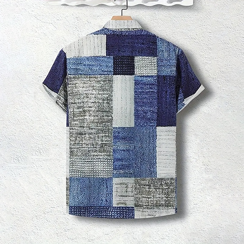 Men's Geometric Color Block Patchwork Shirt Button Up Shirt Short Sleeve Fashion Casual Vacation Holiday Streetwear Summer Turndown 3D Print Collared Shirts Front One Pocket Blue Khaki4