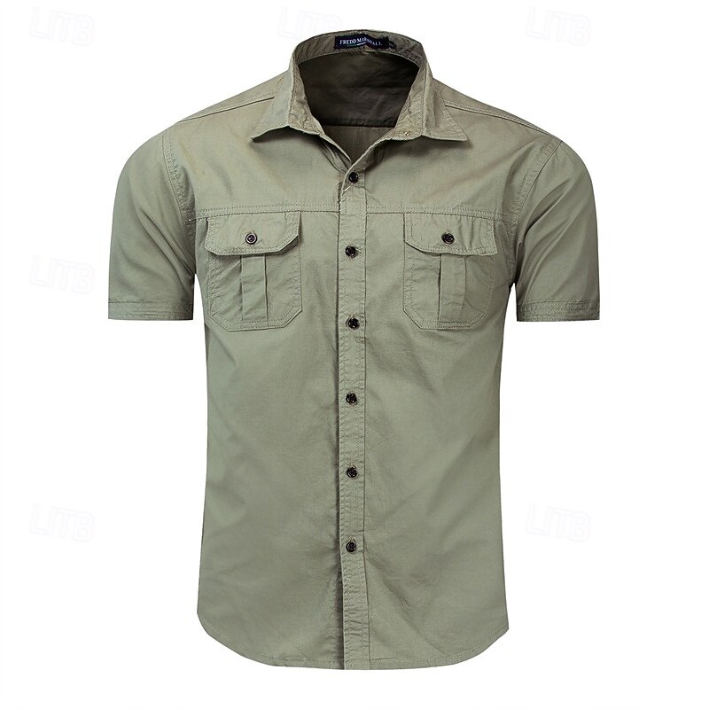 Men's Shirt Summer Shirt Casual Shirt Work Shirt Button Up Shirt Royal Blue khaki Army Green Short Sleeve Plain Lapel Vacation Holiday Front Pocket Clothing Apparel 100% Cotton Fashion Casual