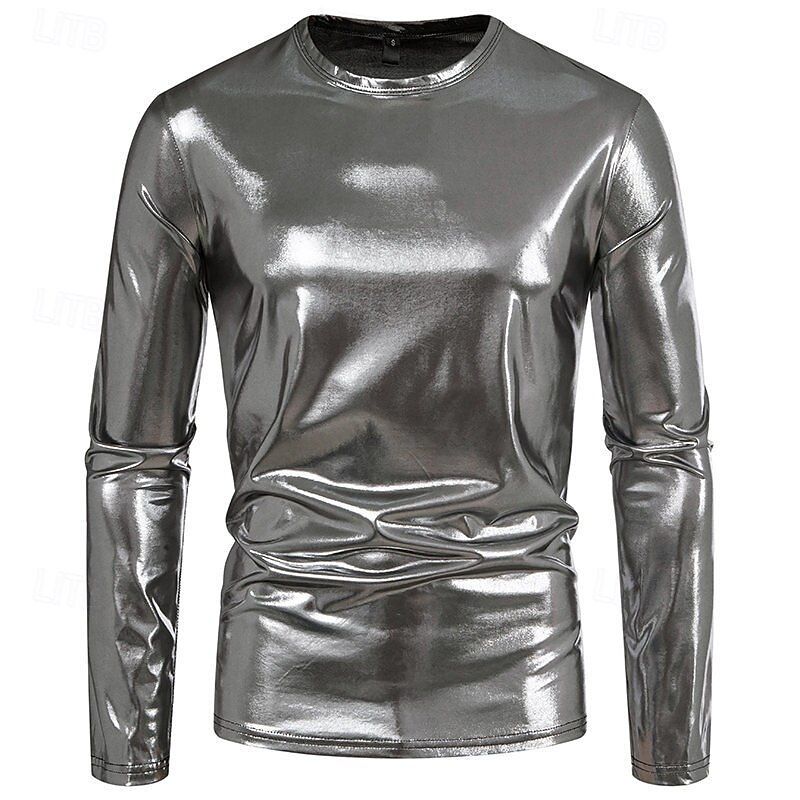 Men's Tee Tee Top Long Sleeve Shirt Long Sleeve Crew Neck Spring &  Fall Plain Fashion Designer Shiny Metallic Vacation Street Going out Silver Green Red Top Tee for Men2