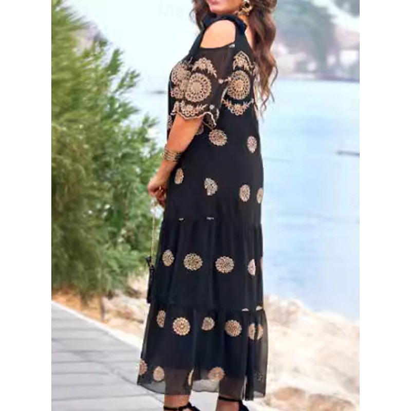 Women's Midi Dress Casual Dress Cocktail Dress Wedding Guest Dress Chiffon Dress Elegant Stylish Casual Vacation Casual Daily Loose Fit Graphic Short Sleeve Crew Neck Black Summer Spring2
