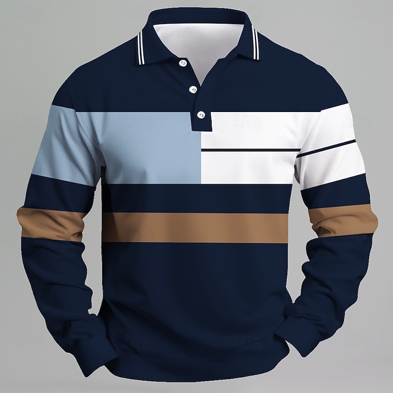 Men's Stripes Rugby Polo Long Sleeve Polo Shirts Collared Shirts Casual School Outdoor Business Athleisure 3D Print Spring Fall Black Dark Blue Gray