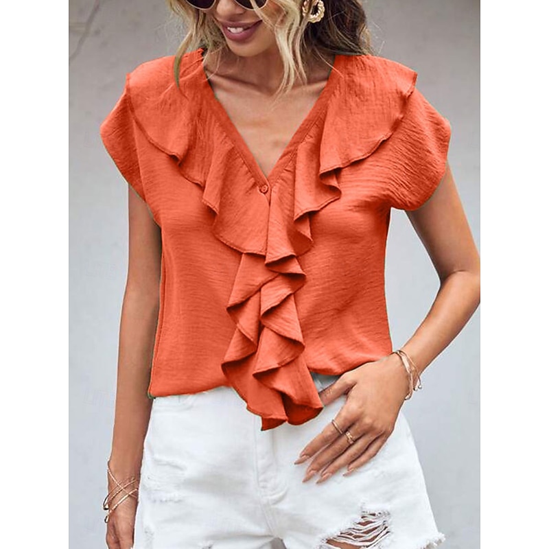 Women's Shirt Blouse Solid Color Elegant Daily Stylish Short Sleeve Batwing Sleeve V Neck Regular Tops Work Daily Evening Party Buttons Orange Green Beige Summer Spring2