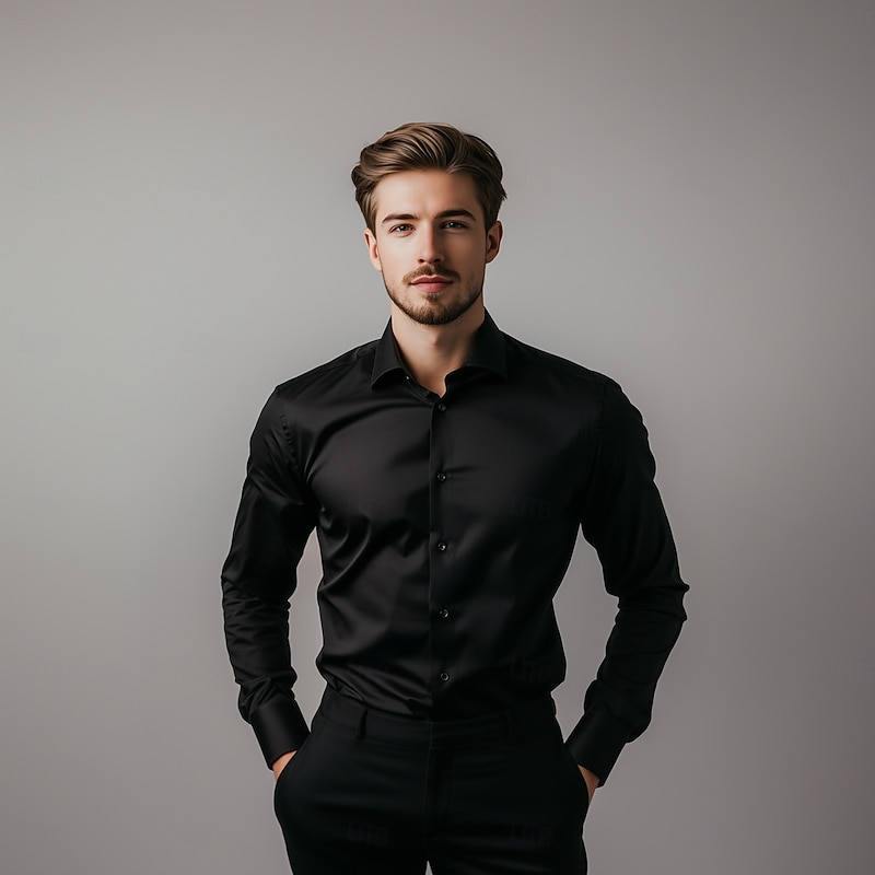 Men's Daily Party Dress Shirt Homecoming Standard Fit Long Sleeve Lapel Solid Color Polyester Black 20252