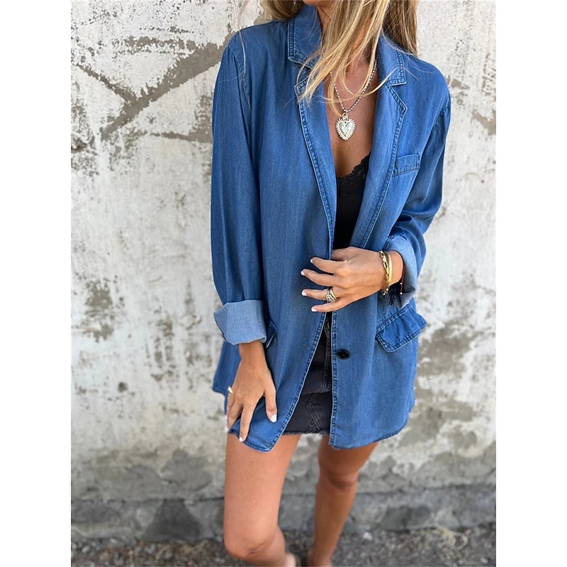Women's Denim Jacket Breathable Comfortable Buttons Pocket Casual Plain Vacation Street Daily Wear Going out Regular Turndown Regular Fit Long Sleeve Outerwear Black Blue Summer Spring