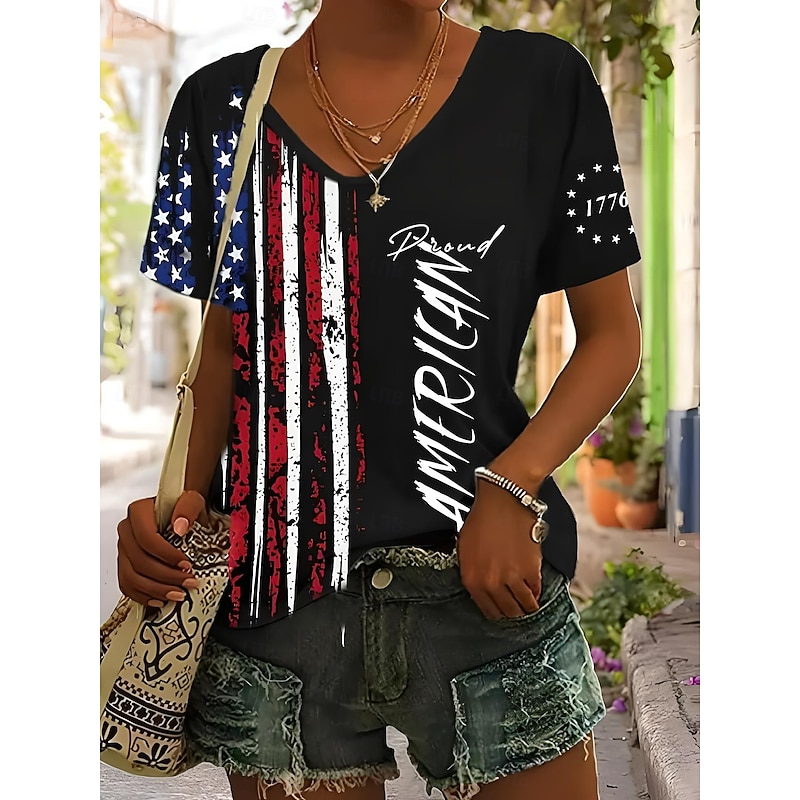 Independence Day Women's T Shirt Flag American Flag National Flag Stylish Casual Short Sleeve V Neck Regular Tops Daily Weekend Print Black Summer Spring